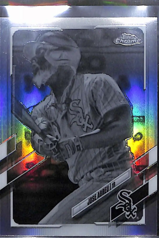 Chrome rainbow-effect baseball card of Jose Abreu in batting stance, Negative Refractor