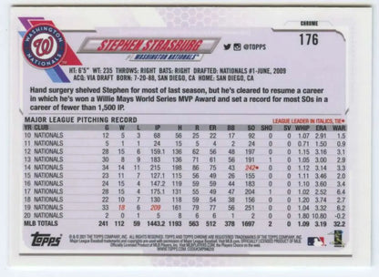 2021 Topps Chrome #176 Stephen Strasburg NM-MT Washington Nationals Baseball Card