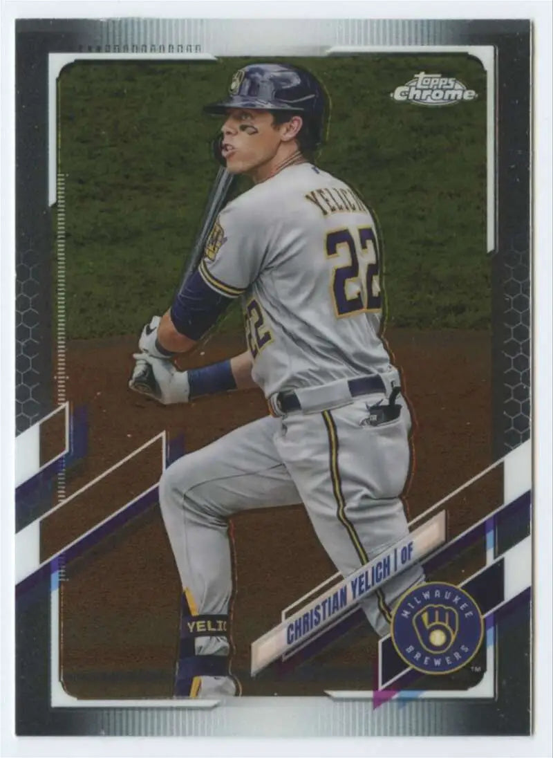 Baseball card of Christian Yelich in a white uniform, Topps Chrome release 2021