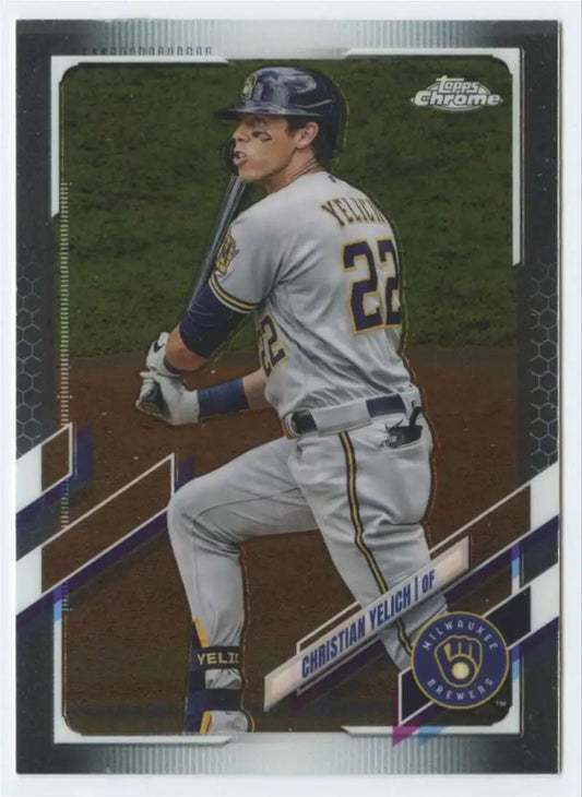 Baseball card of Christian Yelich in a white uniform, Topps Chrome release 2021