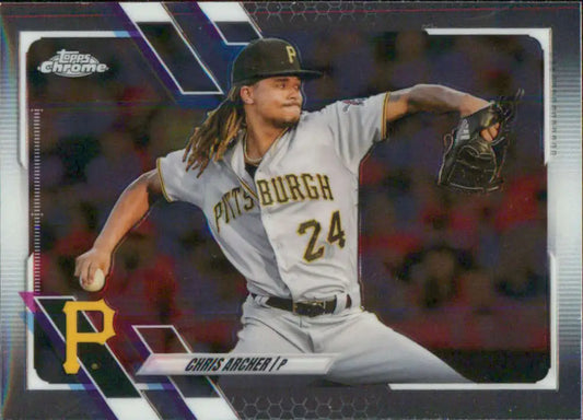 Chris Archer in Pittsburgh Pirates uniform pitching on 2021 Topps Chrome baseball card