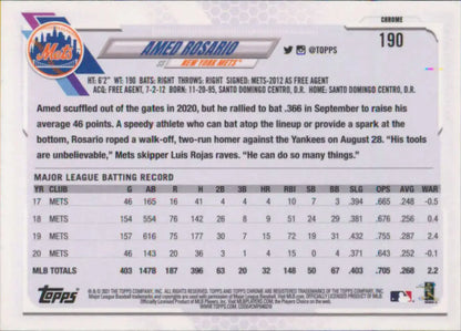 Amed Rosario Topps Chrome baseball card featuring career stats and information