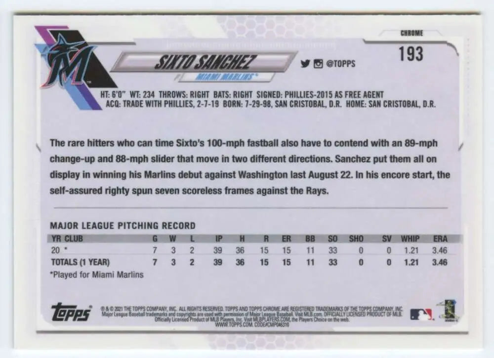 Sixto Sanchez baseball card featuring statistics from 2021 Topps Chrome #193