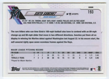 Sixto Sanchez baseball card featuring statistics from 2021 Topps Chrome #193