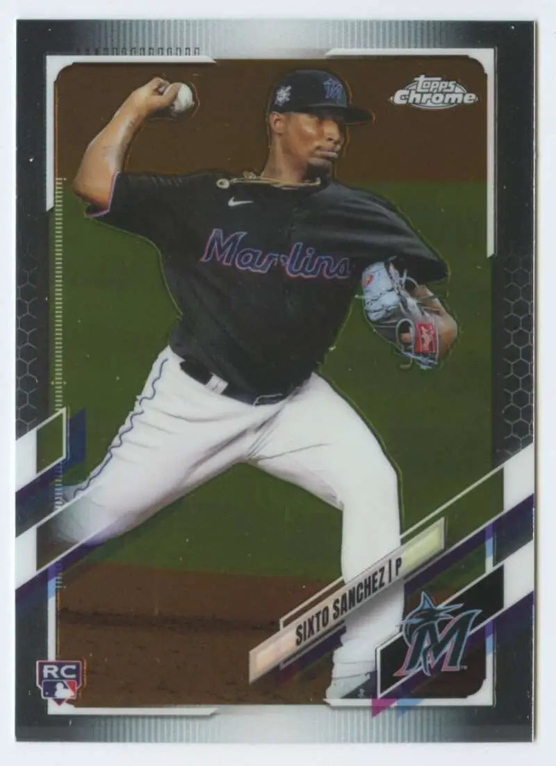 Sixto Sanchez pitching in a black jersey on a 2021 Topps Chrome baseball card
