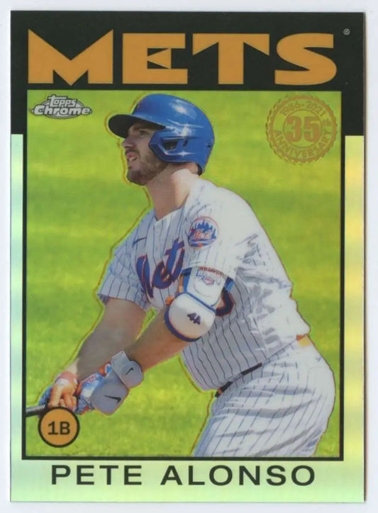 New York Mets Baseball Card of Pete Alonso in White Pinstriped Uniform Topps Chrome