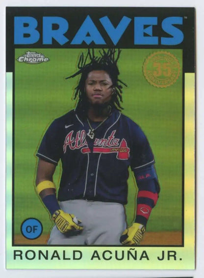 Baseball card of Ronald Acuna Jr. in a navy jersey for Atlanta Braves collectors