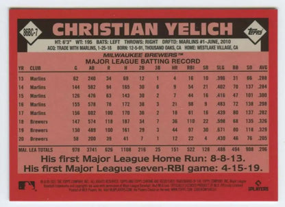 Christian Yelich 2021 Topps Baseball Refractor card with batting stats and highlights