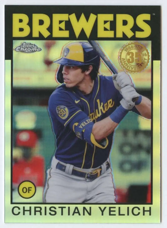 Christian Yelich batting in navy, 2021 Topps Chrome Baseball Refractor card