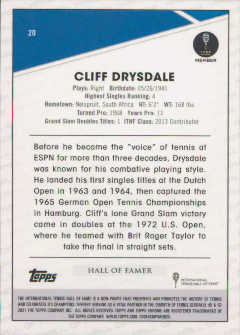 Cliff Drysdale Tennis Card showcasing career highlights from 2021 Topps Chrome set