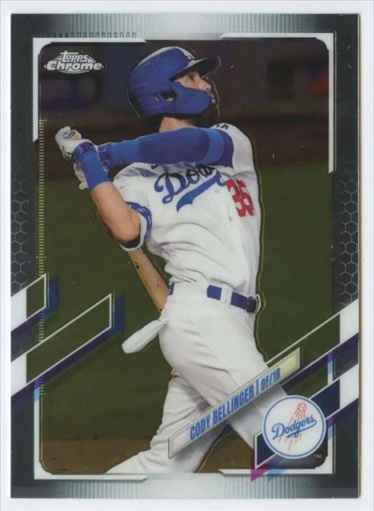 Cody Bellinger mid-swing in Dodgers uniform on 2021 Topps Chrome baseball card image