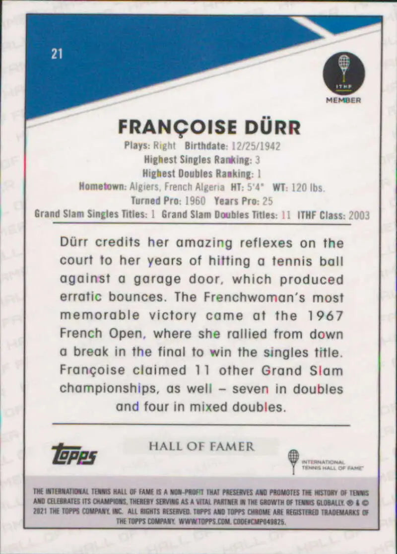Francoise Durr Topps Chrome tennis card showcasing Hall of Fame stats and achievements