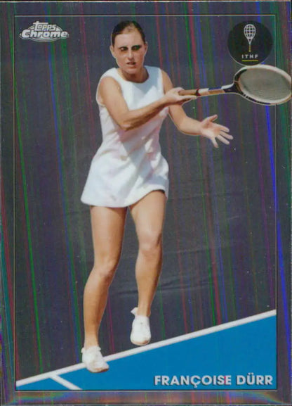 Francoise Durr in white dress hitting a forehand on Topps Chrome tennis card