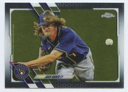 Baseball card of Josh Hader in delivery for 2021 Topps Chrome Milwaukee Brewers