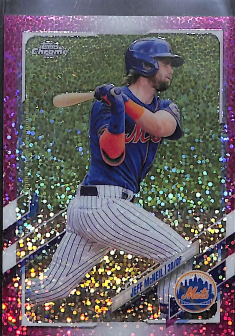 Sparkly pink-bordered card featuring Jeff McNeil in batting stance, Magenta Speckle Refractor