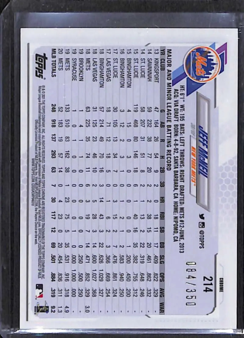 Back of 2021 Topps Chrome #214 Jeff McNeil Magenta Speckle Refractor baseball card stats