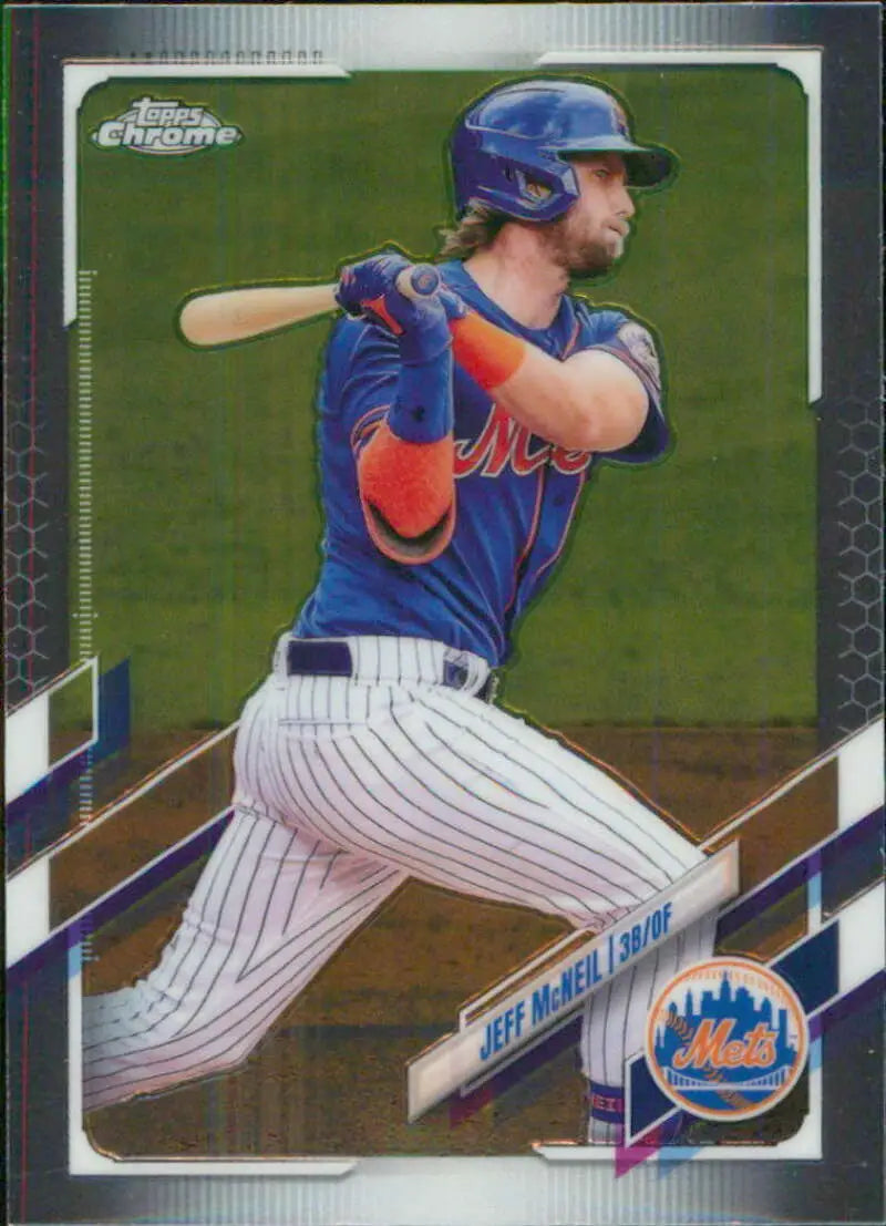 Jeff McNeil swinging a bat in New York Mets uniform on Topps Chrome baseball card