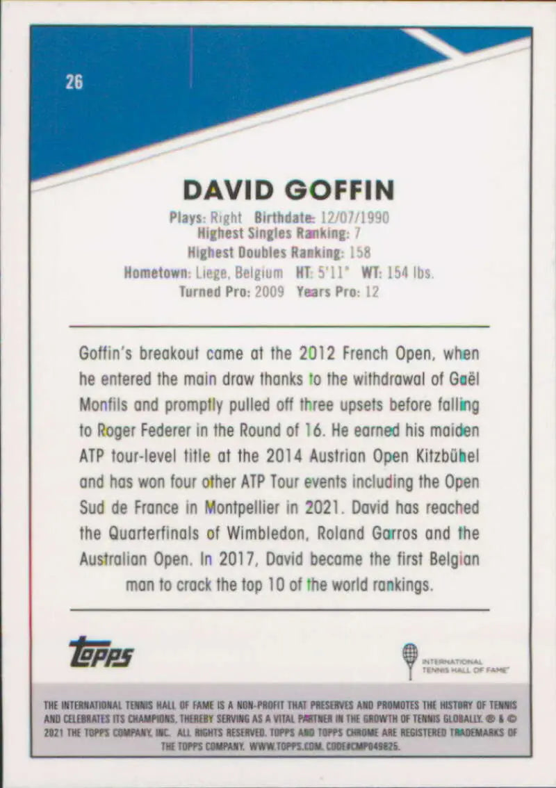 David Goffin tennis card showcasing player statistics and career highlights in Topps Chrome