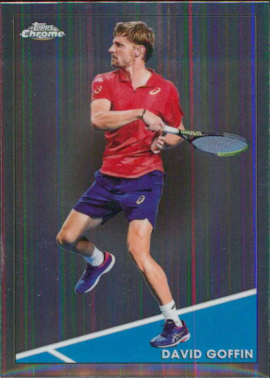 David Goffin hitting a backhand on the 2021 Topps Chrome Tennis Card