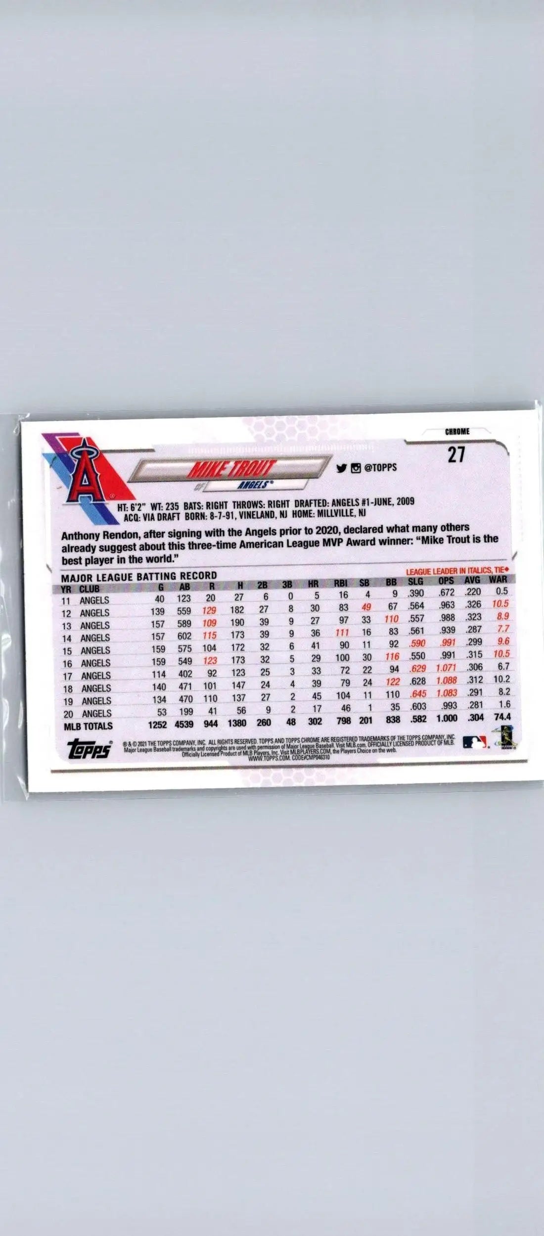 Baseball card back of 2021 Topps Chrome #27 Mike Trout trading card