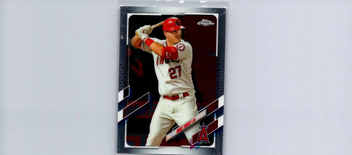 Mike Trout batting stance on 2021 Topps Chrome #27 Baseball trading card