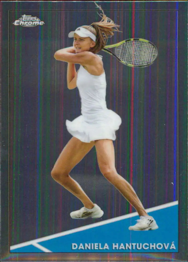Tennis player Daniela Hantuchova in white outfit executing a backhand shot on Topps Chrome card