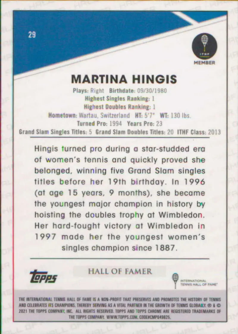 Martina Hingis Trading Card from 2021 Topps Chrome featuring stats and biography