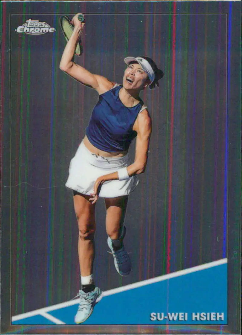 Tennis player Su-Wei Hsieh in blue tank top serving on 2021 Topps Chrome tennis card