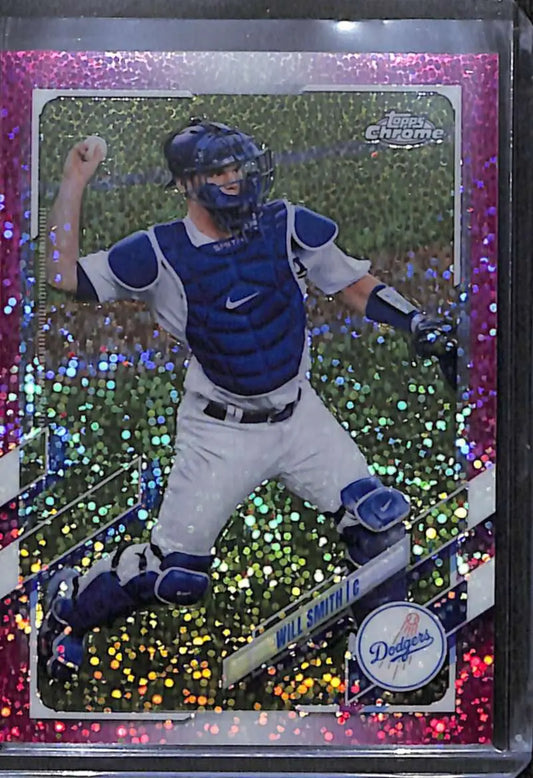 Pink sparkly bordered magenta speckle refractor baseball card of Dodgers catcher Will Smith