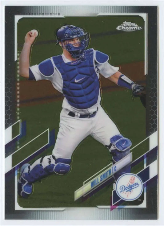 Baseball catcher in white uniform and blue gear on Los Angeles Dodgers Topps Chrome card