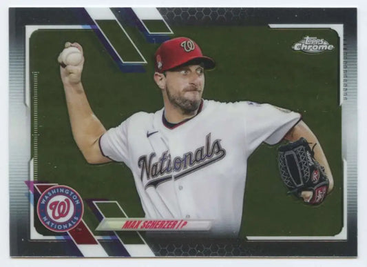 Max Scherzer mid-throwing on 2021 Topps Chrome baseball card for collectors