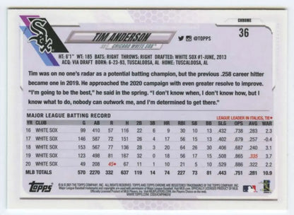 Tim Anderson Chicago White Sox Baseball Card showcasing career statistics and achievements