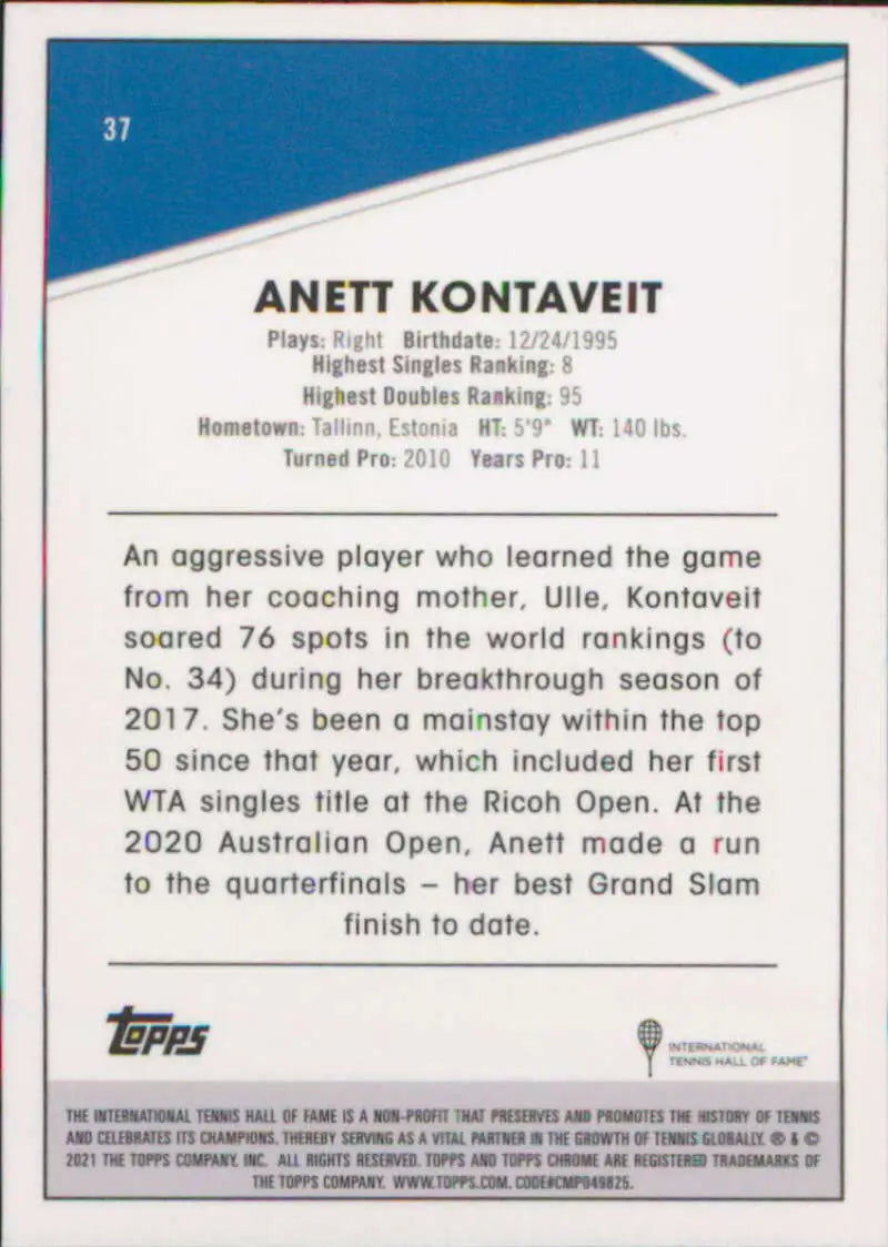 Trading card of Anett Kontaveit with stats from 2021 Topps Chrome #37 Tennis Card