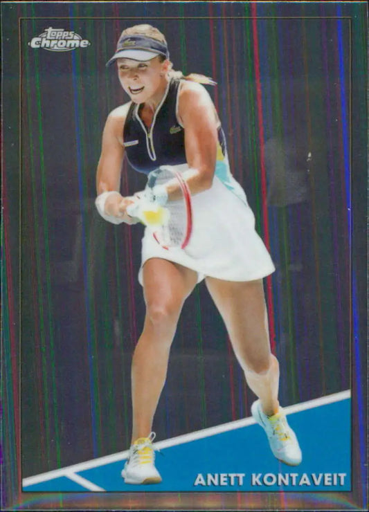 Anett Kontaveit in a white skirt and black tank top on her Topps Chrome tennis card