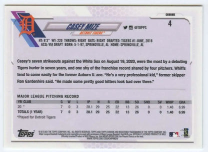 Casey Mize 2021 Topps Chrome Baseball Card with MLB pitching stats and biography