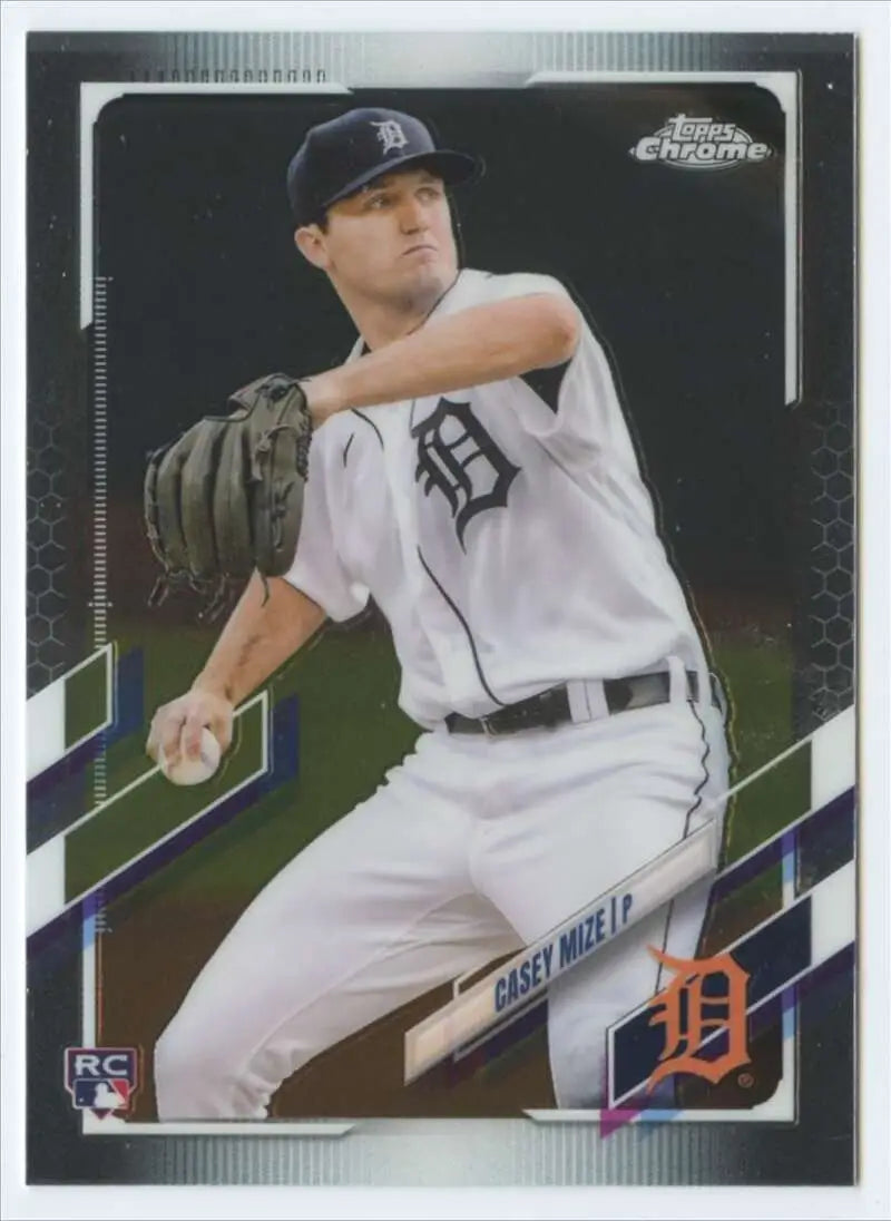 Casey Mize pitching in a white home uniform on a Topps Chrome baseball card