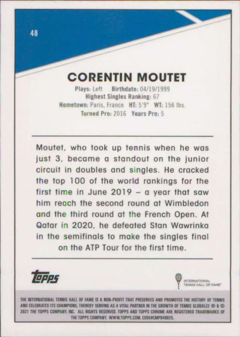 Tennis card featuring Corentin Moutet from 2021 Topps Chrome with stats and biography