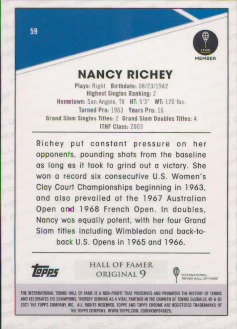 Nancy Richey career stats on 2021 Topps Chrome #59 Tennis Card displayed authentically