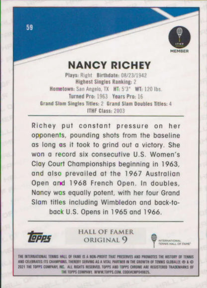 Nancy Richey career stats on 2021 Topps Chrome #59 Tennis Card displayed authentically