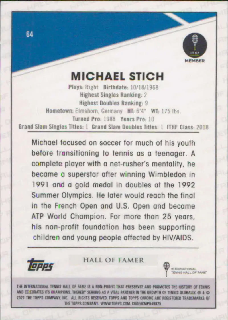 Trading card showcasing Michael Stich’s tennis achievements in 2021 Topps Chrome