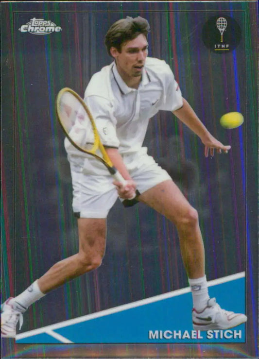 Michael Stich in white attire poised for a backhand on Topps Chrome tennis card