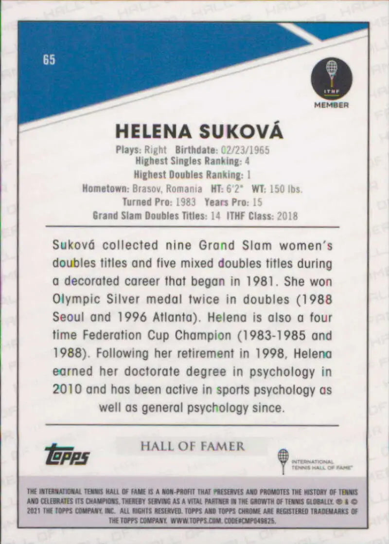 Trading card of Helena Sukova highlighting her career achievements and statistics