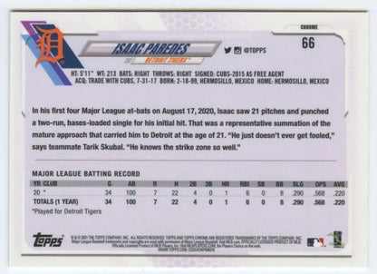 Back view of 2021 Topps Chrome #66 Isaac Paredes NM-MT RC Detroit Tigers Baseball Card