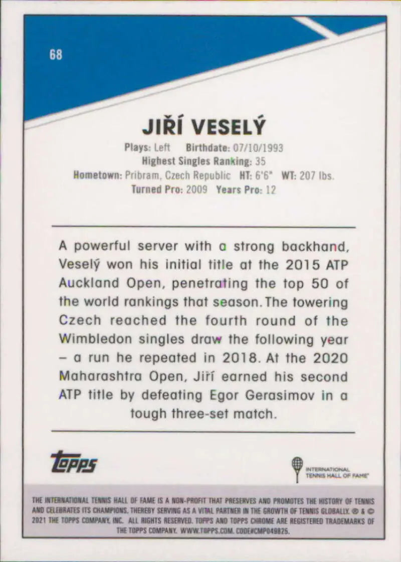 Tennis card featuring Jiri Vesely with biographical info and career highlights in Topps Chrome