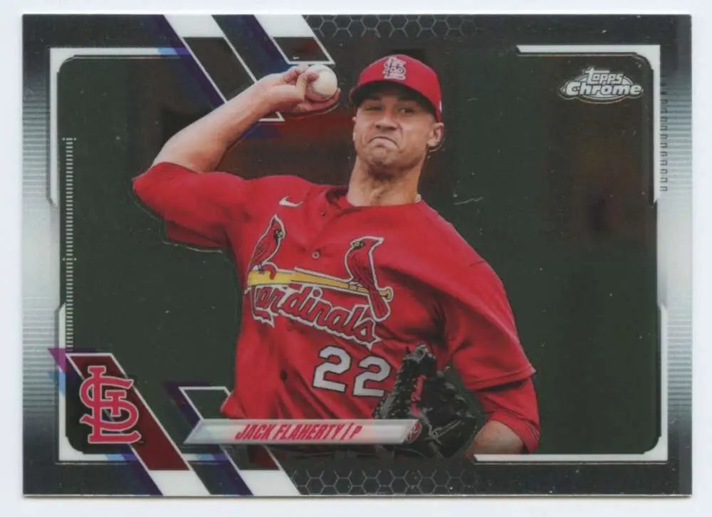 Baseball card of Jack Flaherty in red St. Louis Cardinals uniform, Topps Chrome #70