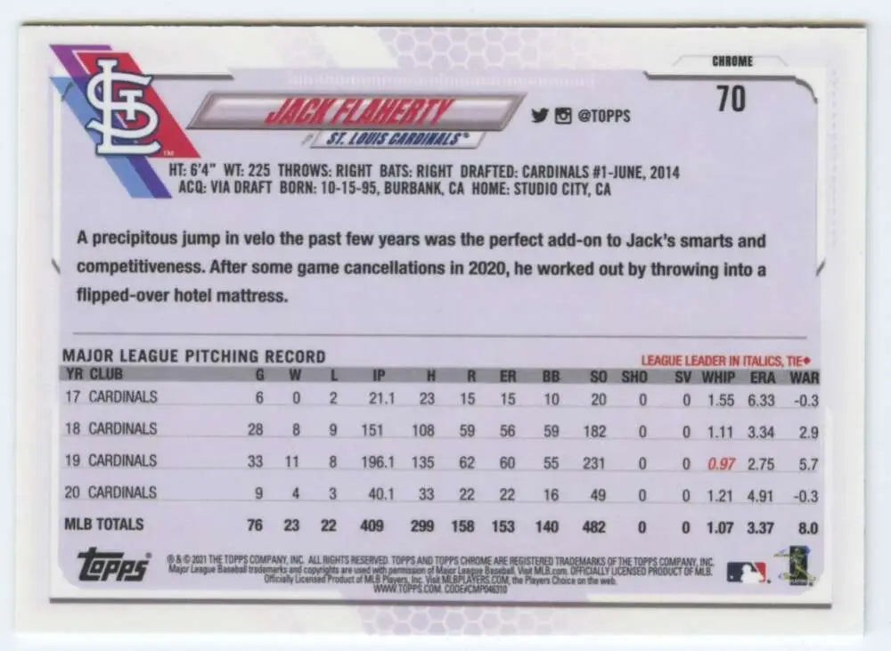 Jack Flaherty Topps Chrome baseball card featuring MLB statistics for St. Louis Cardinals
