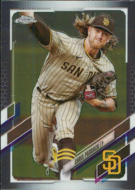 Baseball card of Chris Paddack in mid-throw wearing San Diego Padres pinstriped uniform