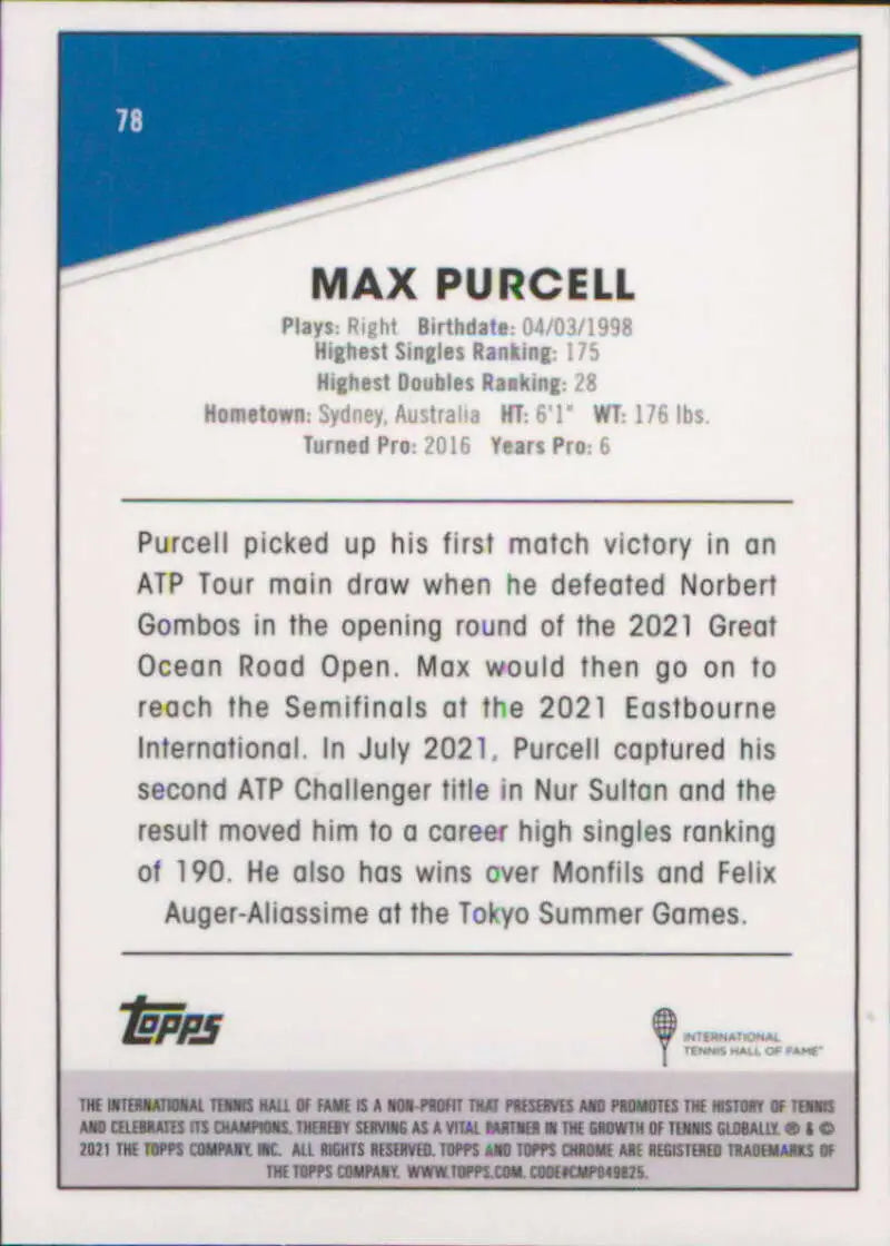 Max Purcell’s career stats and achievements on a 2021 Topps Chrome Tennis Card