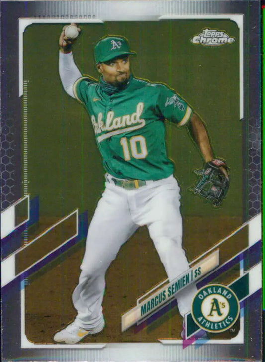 Marcus Semien throwing a ball in green jersey on Oakland Athletics baseball card