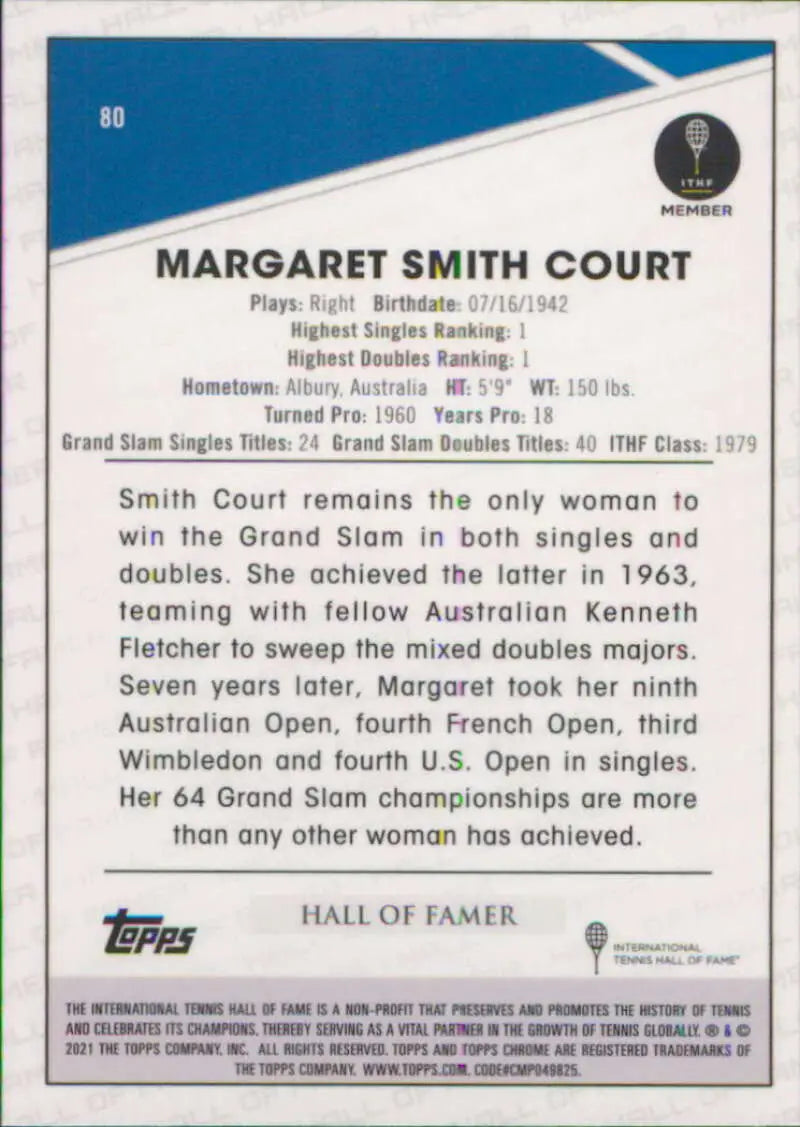 Topps Chrome tennis card featuring Margaret Smith Court’s career achievements and stats